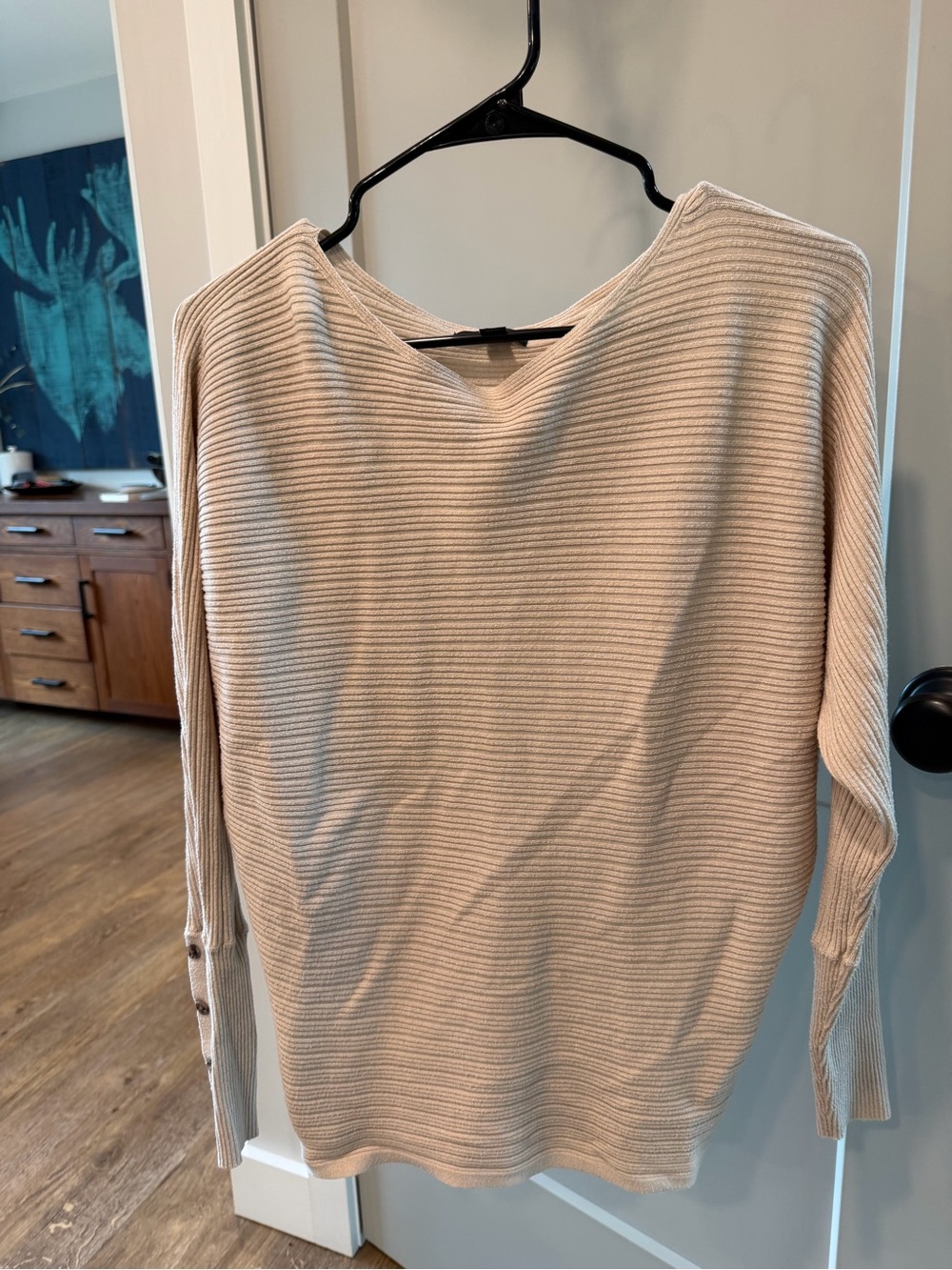 RW&CO. Cream Ribbed V-Neck Sweater with Sleeve Buttons